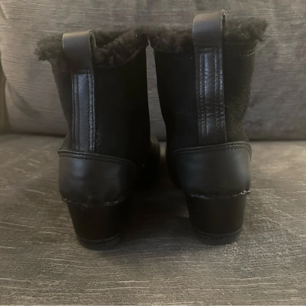 No.6 Pull on Shearling Clog Boot on mid heel in all Black leather and suede - Picture 6 of 12